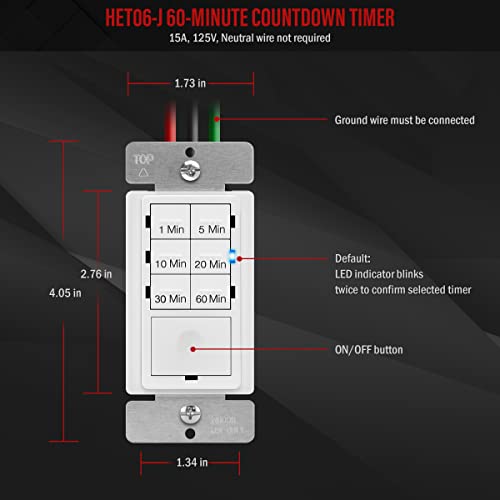 Enerlites 1-Hour Countdown Timer Switch, 1-5-10-20-30-60 Min, For Bathroom Fans, Heaters, Lights, Led Indicator, 120Vac 800W, No Neutral Wire Required, Ul Listed, Het06-J6-W, White #TOP2
