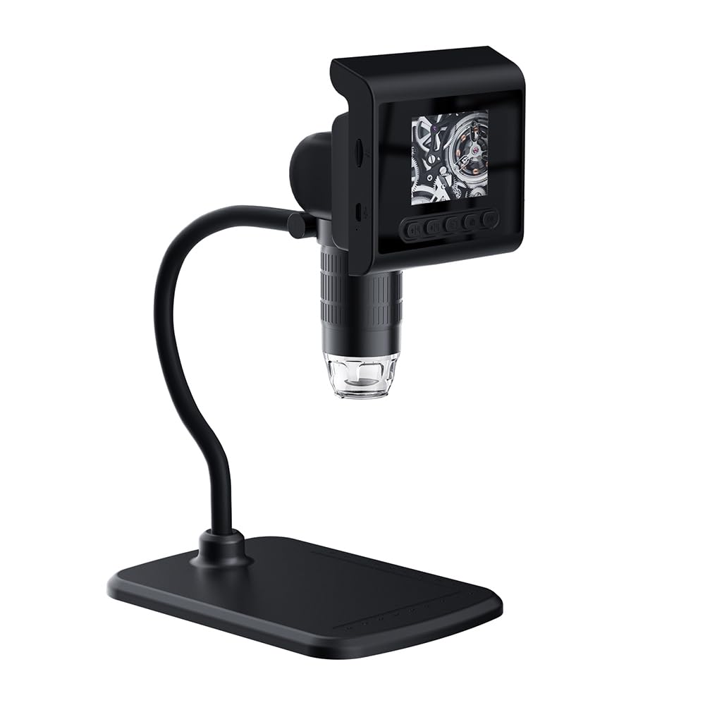 HUIOP Mikroskop cyfrowy o wysokiej przejrzystości 1080P z 2,4-calowym kolorowym wyświetlaczem LCD, 1-1000x ciągły zoom, ekran obrotowy 180 stopni, 8 regulowanych diod LED, przechowywanie na karcie TF,