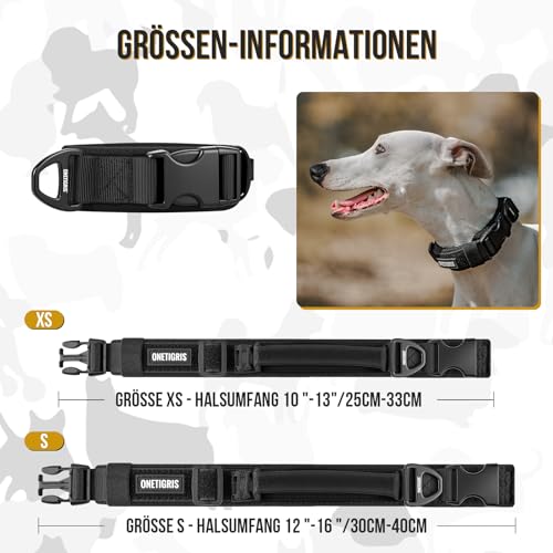 OneTigris Hundehalsband Kleine Hunde, Taktisches Hundehalsband mit Griff, Weich Gepolstert Breites mit Kunststoffschnalle und Ring aus Aluminiumlegierung, Schwarz, S(30-40cm)