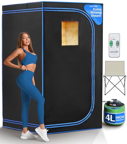 SereneLife Portable Sauna Box for Home, Steam Sauna Tent with Extra Large 4L Steamer - Includes Folding Sauna Chair, Remote Control w/ 9 Heat Levels for in-Home Spa - 2.9' x 2.9' x 5.9'