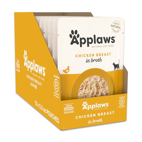 Applaws Natural Wet Cat Food in Broth, Limited and Natural Ingredients, High Protein with No Artificial Additives, Chicken Breast in Broth (12 x 5.3oz Pouches)