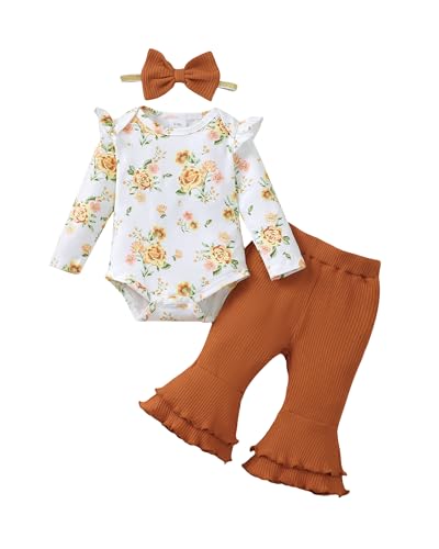 Image of SUNNY PIGGY Baby Girl Clothes Newborn Outfits Ruffle Floral Romper Flared Pants 3Pcs for Infant 0 3 6 9 12 18 24 Months