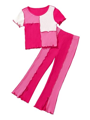 Image of Floerns Toddler Girl's 2 Piece Outfit Colorblock Short Sleeve Tee Shirts with Pants Set Hot Pink 5Y