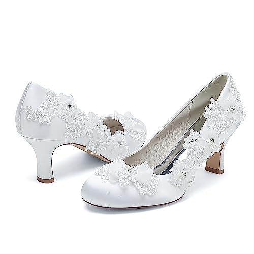 Women's Wedding Shoes Closed Toe Mid Heel Appliques Satin Pumps with Lace Flower Prom Evening Bridal Shoes 5