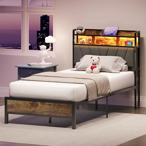 Welzona Twin Bed Frames with Headboard, LED Lights Bed Frames with Charging Station, 2-Tier Storage Shelves, Heavy Duty Metal Slats, Sturdy and Noise-Free, No Box Spring Needed, Easy Assembly, Brown