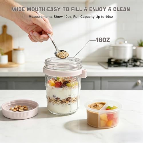 Image of 4 Pack Overnight Oats Containers with Lids and Spoons - 16 oz Glass Mason Jars with Dressing Cup, Over Night Oat Jars for Meal Prep, Yogurt Parfait Cup for Chiaseed Sugar Packet Holders (Beige)