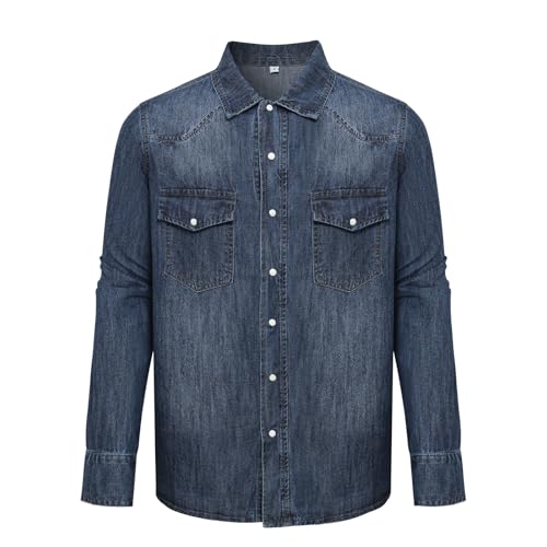 Men's Denim Shirt Long Sleeved - Regular Fit Denim Shirt Snap Button