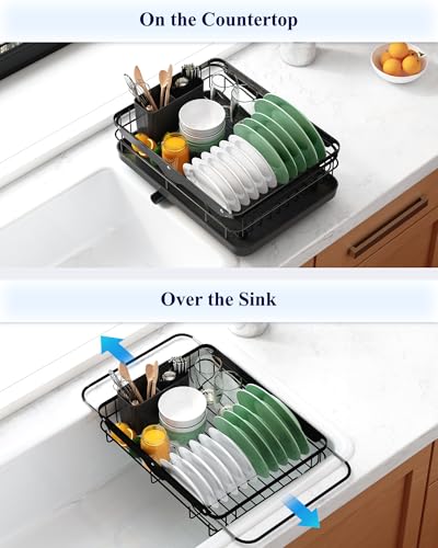Kitsure Dish Drying Rack for Kitchen Counter, Stainless Steel Sink Organization and Storage Essentials with Cutlery Holder, Home and Appartment Decor, 12.2''W x 15.7''~23''L, Black