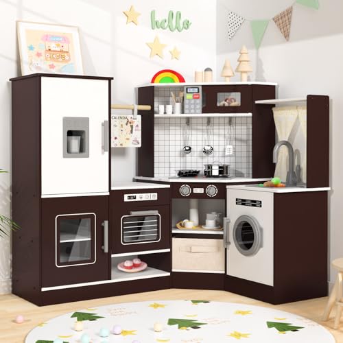 Babytronic - Juego de cocina de esquina de madera para niños con luces y sonidos, juego de cocina con estufa, microondas, máquina de hielo y accesorios, perfecto para niños pequeños y múltiples niños