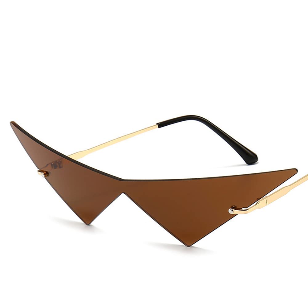 Oversized Cat Eye Rimless Sunglasses Women Fashion One Piece Lens Sun Glasses Female Trend Triangle Eyewear Men UV400(Color:Brown)