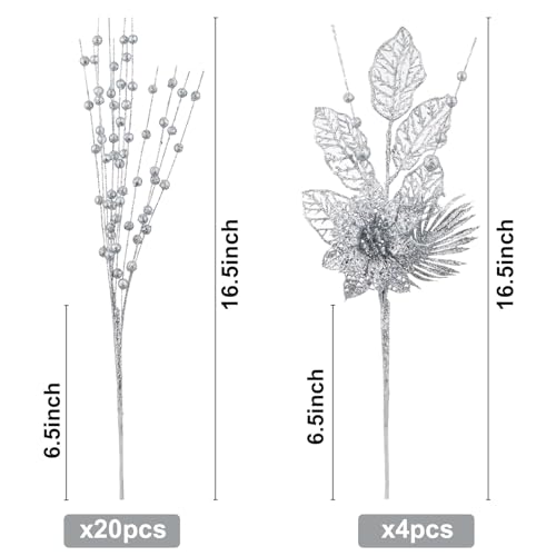 CristBest 24 Pack Christmas Tree Ornaments - Artificial Flowers Glitter Berry Stems Christmas Floral Picks Branches for Xmas Tree Decorations Vase Filler Holiday Wedding Party Home Decor (Silver) - image 2