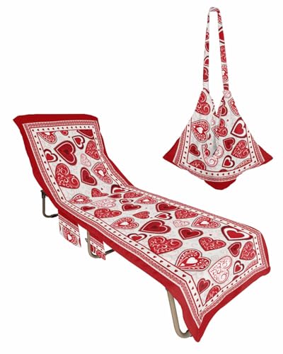 Red Love Heart Valentines Day Beach Lounge Chair Towel Cover, Soft Chaise Lounge Towel with Side Pockets Patio Pool Chairs Cover for Beach/Pool Sunbathing 29x85 Romantic Red