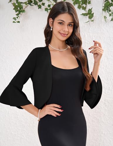 Image of Womens Cropped Blazer Casual Business 3 /4 Ruffle Sleeve,Lightweight Shrug Cropped Cardigan Tops