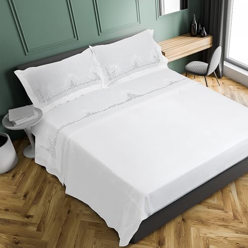 Zenoni&Colombi Juego de sábanas para cama de matrimonio de 2 plazas King Size bordada a mano con encaje cantù de 100% lino fino fabricado en Italia