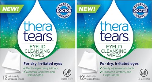 Image of TheraTears Eyelid Cleansing Wipes - 12 Individually Wrapped Wipes with Cucumber Extract, for Daily Cleaning of Eye Lashes & Lids (Pack of 2)