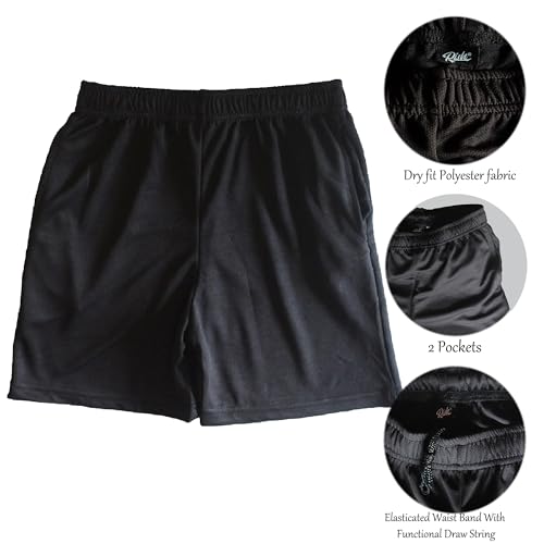Image of RISH - Sports Black Shorts for Kids Boys and Girls with Side Pockets | Relaxed Fit Dry Fit Fabric Short Pants