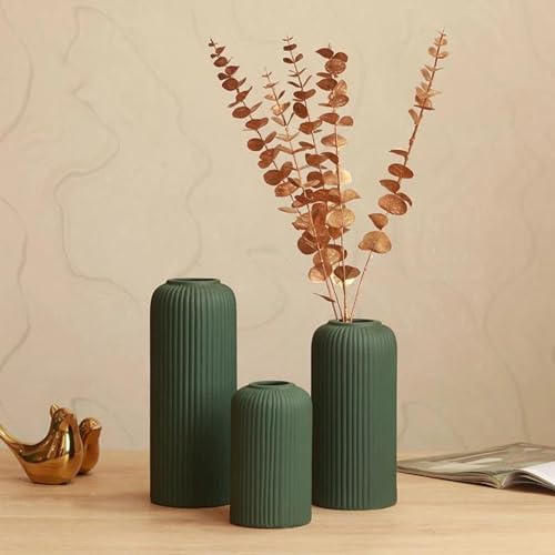 Image of KREATIVE ART'S Bottle Green Flower Vase for Living Room | Ceramic Vase for Home Decor | Home Decoration Items for Living Room & Hall (Dark Green Ceramic Vase Set of 3-Matt)