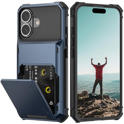 Nvollnoe Compatible with iPhone 16 Case with Card Holder[Store 5 Cards] Dual Layer Heavy Duty Shockproof Wallet Case with Hidden Card Slot Large Storage Cover for Men&Women 6.1''(Blue)