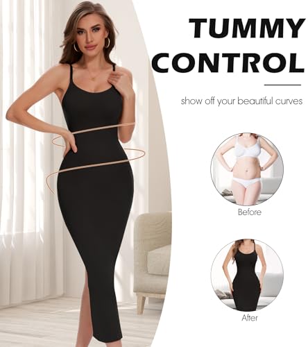 Image of Shapewear Slip Dress for Women Tummy Control Full Slip for Under Dresses Black Slip Dress Back Slit Long Dress