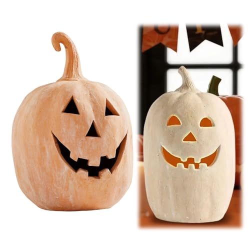 Jack O Lantern Pumpkins Halloween, Artisanal Kiln-Fired Terracotta Pumpkin, Fall & Halloween Decor, Outdoor Indoor Jack O Lanterns Decor for Home Office Haunt House Party(White,9.8in)