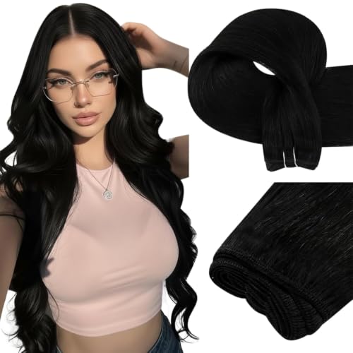 Image of Easyouth Sew in Hair Extensions Real Human Hair Black, 14 Inch 70G, Weft Hair Extensions Human Hair Black, Sew in Weft Hair Extension, for Short Straight Hair