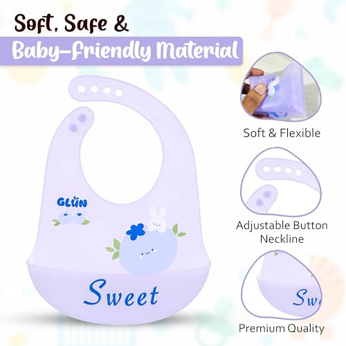 Image of GLUN Pack of 2 Soft Feeding Bibs with Bowl, Cute Sweet Rabbit Print for Growing Champs, Easily Wipes Clean, Comfortable Soft Baby Bibs, Less Time Cleaning after Meals for Babies