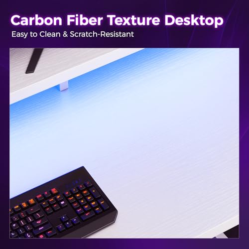 Image of AODK 48 Inch Gaming Desk with LED Lights, Computer Desk with Storage Shelves, Reversible Desk with Monitor Stand, White