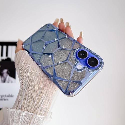 Image of VONZEE Gradient Glitter Case for iPhone 16 Plus, Luxury Electroplated 3D Cube, Diamond Bling Shiny Soft TPU Clear Shockproof Women Girls Protective Phone Cover (Sierra Blue)