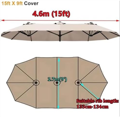 Large Double Sided Umbrella Replacement Canopy for 15' Triple Patio Umbrella - Durable Dark Green Market Parasol Top Cover with 12 Ribs for Outdoor Use