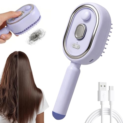 Steam Hair Brush Spray Air Cushion Massage Comb for Women 3-in-1 Spray & Massage Comb Self-Cleaning Anti-Tangle Anti-Static for Frizzy Hair & Scalp Care Colour Purple