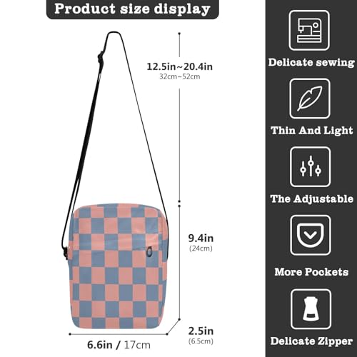 mens messenger bag Small Crossbody Bags For Women Casual Purse Cross Body Adjustable Strap for Travel Travel- Light Coral and Gray-blue Checkerboard Pattern3