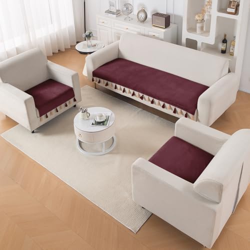 Image of HOKIPO 5 Seater Sofa Cover Mat with Tassel in 3+1+1 Configuration | Dyed Holland Velvet Fabric | 'TasselTone Series' | Wine Red (IN-1108+1104-MRN*2)