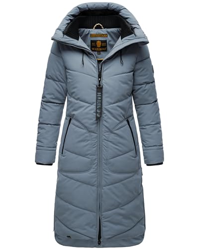 MARIKOO Damen langer Wintermantel warmer Steppmantel mit verstellbarer Kapuze Benikoo Stormy Blue Gr. S