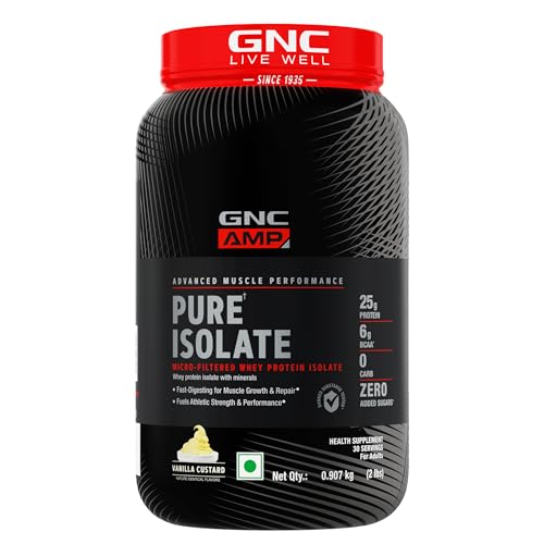 Image of GNC AMP Pure Isolate | 2 lbs | Boosts Performance | Increases Strength & Muscles | DigeZyme For Easy Digestion | Informed Choice Certified | 25g Protein | 6g BCAA | Vanilla Custard