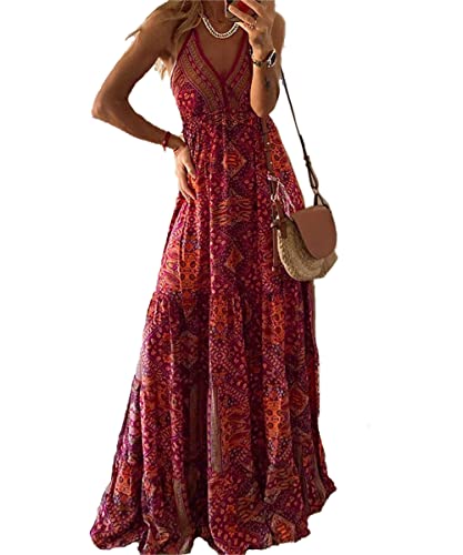 GRMLRPT Robe Longue Femme Ete Robe de Plage à Bretelles Boheme Maxi Robe de Soirée Élegante Cocktail Chic Boho Casual sans Manches Robe(Rouge,S)