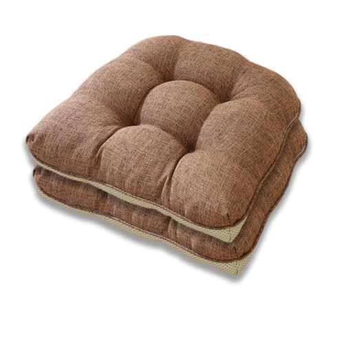 Aikenn 綿と麻の素材、クッション、パールコットンの詰め物、固定針技術、滑り止めストラップ、複数のシーンに適し、長時間快適に座れる、クッション、ストラップ付きの厚手のチェアクッション、2個セット、ふわふわ、ふわふわ、洗濯機洗い可能、二重滑り止め、四季対応ダイニングチェアクッション、46x43x9 cm (2, ダークブラウン)