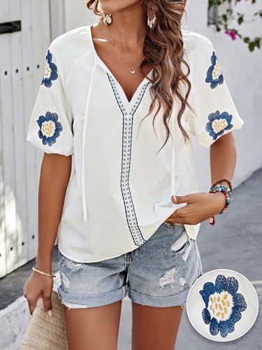 Image of Women's Summer Tops Floral Embroidered Puff Short Sleeve Shirts V Neck Boho Tunic Casual Blouse
