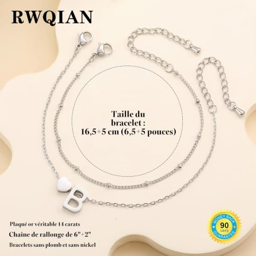 RWQIAN Bracelet à Initiales pour Femme Argent L Bracelet à Double Couche Réglable avec Cœur et Lettres, Bijoux Cadeaux Parfaits pour Femmes – vue 6