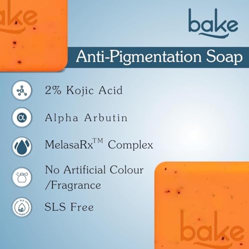 BAKE 2% Kojic Acid Scrub Treatment Soap (200 Gms, 2 Pcs) for Pigmentation, Dark Spots & Tan Removal | Brightens Underarms, Knees & Elbows | With Alpha Arbutin, Niacinamide & MelasaRx™ Complex | For Men & Women - 100g x 2