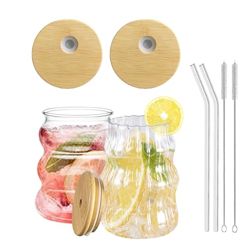 Haayymo Latte Macchiato Set di 2 bicchieri in vetro ondulato da 500 ml, con coperchio, bicchiere con cannucce di vetro, per latte, birra, latte, caffè freddo e tè freddo