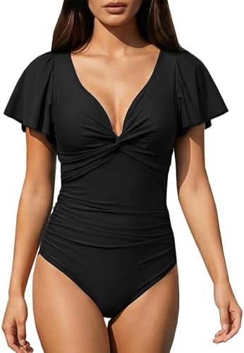 TcIFE Women Ruffle Sleeves V Neck One Piece Swimsuit Tummy Contro...