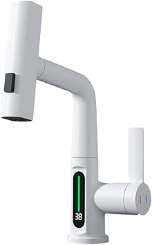 Basin Faucet With Waterfall Temperature Digital Display - Hot Cold Water Sink Mixer Tap Can Be Pulled Up And Down, white