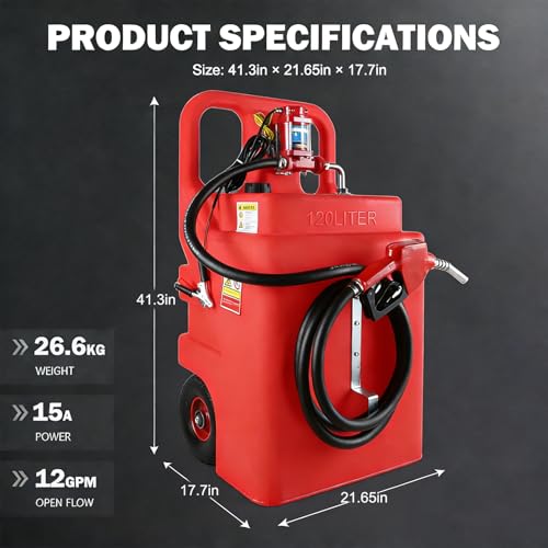 32 Gallon Fuel Caddy, Portable Gas Storage Fuel Tank with 12GPM Fuel Transfer Pump& 2 Wheels, Gasoline Diesel Fuel Container for Cars, ATVs, Boats, Lawn Mowers, Red