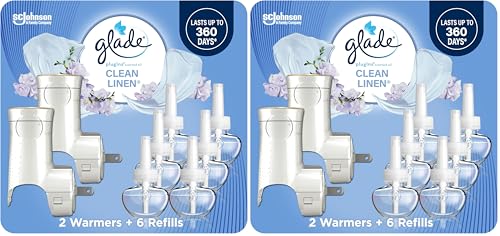 Glade PlugIns Air Freshener Starter Kit,Scented and Essential Oils for Home and Bathroom,Clean Linen,4.02 Fl Oz,2 Warmers-and 6 Refills,(Pack of 2)