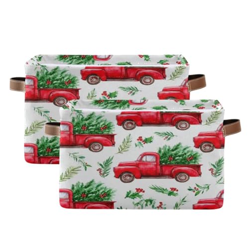 Plaaee Storage Basket Christmas Red Truck Pattern Open Home Organizer Bins Storage Baskets with PU Handles – Collapsible Organizing Box for Closet & Shelf 1pack