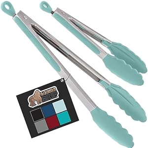 Gorilla Grip Stainless Steel Heat Resistant BBQ Kitchen Tongs Set of 2, Non Scratch Silicone Tip for Nonstick Cooking Pans, Strong Grip for Grabbing Hot Food, Air fryer, Pull Lock, 7 and 9 Inch, Mint