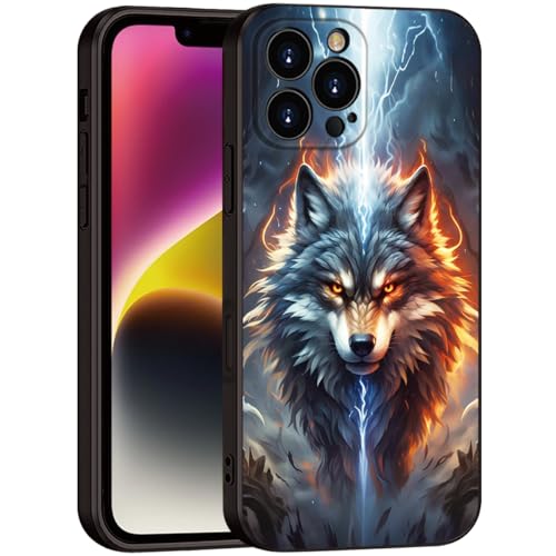 Printed with Wolf for iPhone 16 pro max case, A Fusion of The Elements of Lightning and Flame Wolf Silicone Soft Shockproof Case - Lone King (A1-Wolfs-Anima)