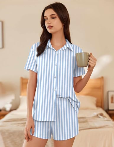 Image of Ekouaer Pajama for Women Set Short Sleeve Button Down Pajamas Sets Soft Lounge Sets for Women Sleepwear PJS