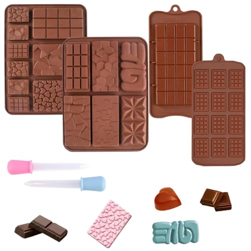 Schokoladenform Set - 4 Stück Braune Silikonformen mit 2 Tropfern, Tief und Tafel für Pralinen, Süßigkeiten, Gelee