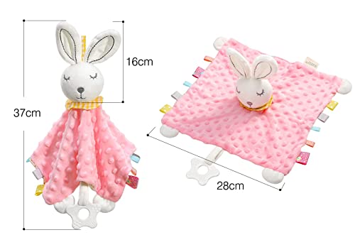 Image of Loveys for Babies, Security Blanket Soft Stuffed Animal Bunny Lovey Unisex Lovie Baby Stuff Snuggle Blanket with Tags Teether Bells, Soothing Plush Toys Baby Gift for Newborn, Pink Rabbit
